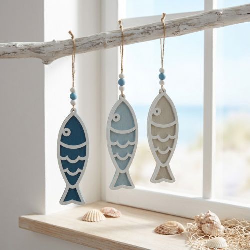 Décoration suspendue poissons en bois maritimes bleus 12 cm - Lot de 9 | Floristik24.fr