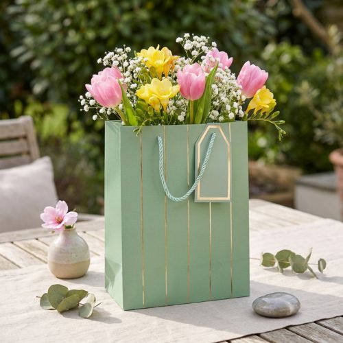 Sac cadeau vert clair avec rayures dorées 18×10×23cm | Floristik24.fr