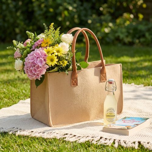 Sac en feutre imitation osier 50x25x25 cm avec anses en cuir synthétique | Floristik24.fr