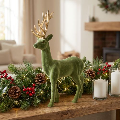Article Figurine déco cerf décoratif renne floqué vert H37cm