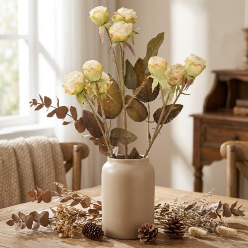 Article Branche de Roses Artificielles Écloses Aspect Fané 69 cm Crème