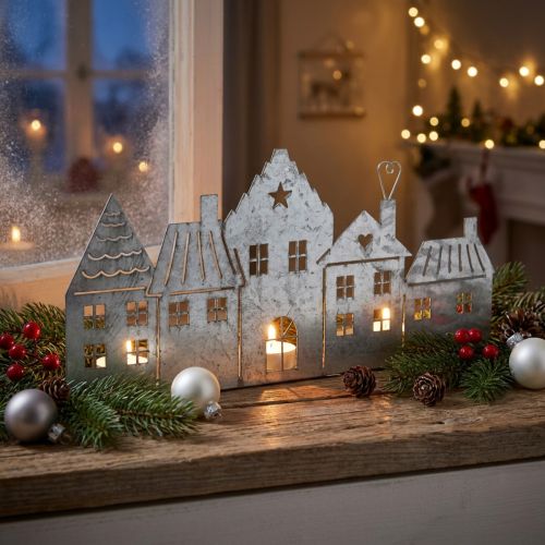 Photophore en métal argenté - Village de Noël 25 cm | Floristik24.fr