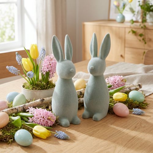 Set de 2 lapins décoratifs floqués vert gris 29,5 cm | Floristik24.fr
