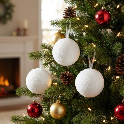 Boules décoratives en faux neige avec ruban, Ø7,5 cm, lot de 6 | Floristik24.fr