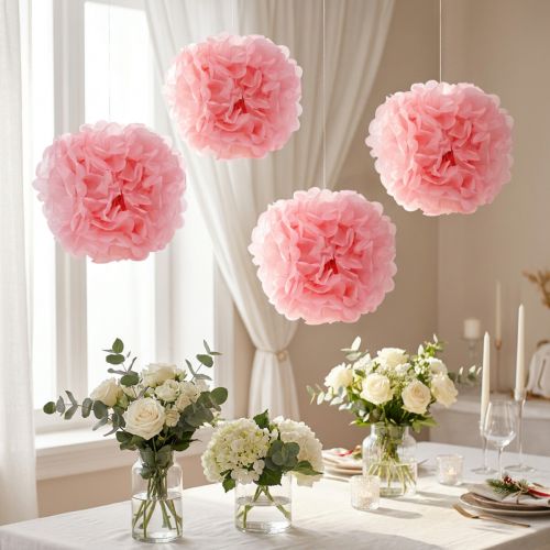 Pompons en Papier Rose Clair Ø30cm - Lot de 5 | Floristik24.fr