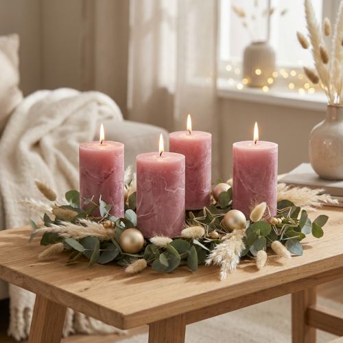 Bougies cylindriques teintées dans la masse couleur vieux rose 60 x 100 mm - Lot de 4 | Floristik24.fr