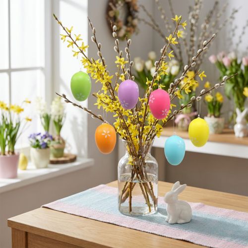 Lot de 12 œufs de Pâques à suspendre en plastique 6 cm, colorés | Floristik24.fr
