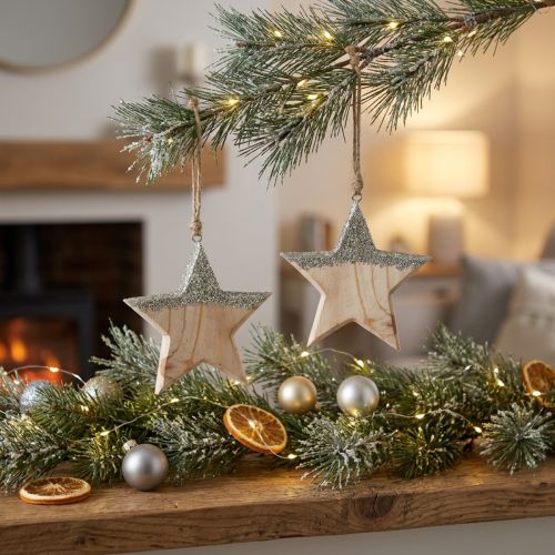 Duo d'étoiles en bois avec paillettes dorées 14,5 cm | Floristik24.fr