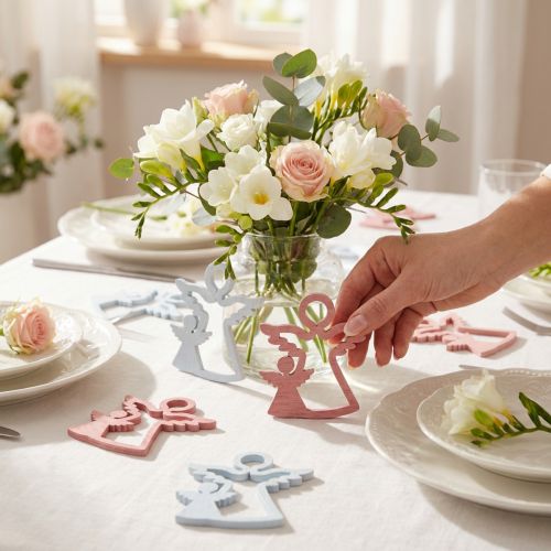 Lot de 24 petits anges décoratifs en bois rose et blanc 3 cm | Floristik24.fr