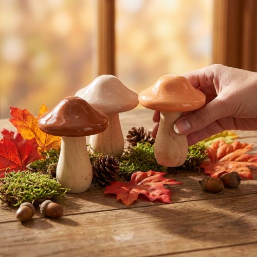 Décoration champignons en bois Ø7,5 cm H10 cm orange brun beige - Lot de 3 | Floristik24.fr