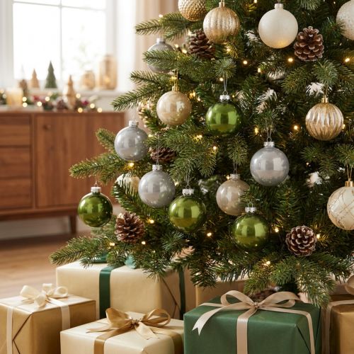 Boules de Noël en Verre Olive et Gris Argenté Ø60mm - Lot de 24 | Floristik24.fr
