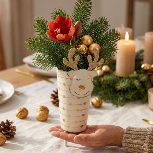 Cache-pot en métal décoratif Rudolf, décoration de Noël, blanc et doré, H28 cm Ø8,5 cm | Floristik24.fr