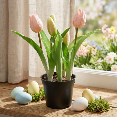 Article Tulipe Rose et Verte en Pot - Plante Artificielle Déco 23 cm
