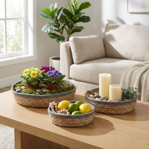 Set de 3 Plateaux en Osier Naturel Rond avec Bordure Grise Ø33/30/25cm | Floristik24.fr
