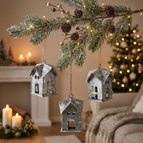 Lot de 3 décorations de Noël en métal maison Shabby Chic blanc H9,5cm | Floristik24.fr
