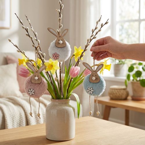 Suspensions décoratives lapins en bois et peluche – 26 cm – Lot de 6 | Floristik24.fr