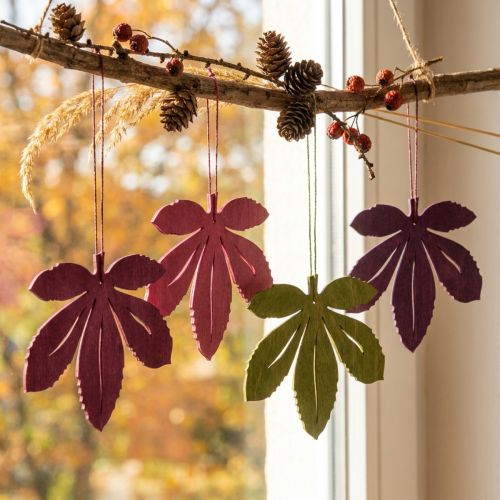Suspensions décoratives en bois, feuilles d'automne, rose, violet, vert, 12 x 10 cm, lot de 12 | Floristik24.fr