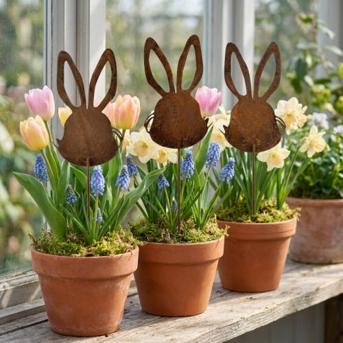 Lot de 6 piques décoratives lapin en métal rouillé 7,5 × 11,5 cm | Floristik24.fr