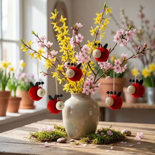 Coccinelles décoratives à suspendre en pompons et bois - Lot de 9 - 5,5 cm | Floristik24.fr