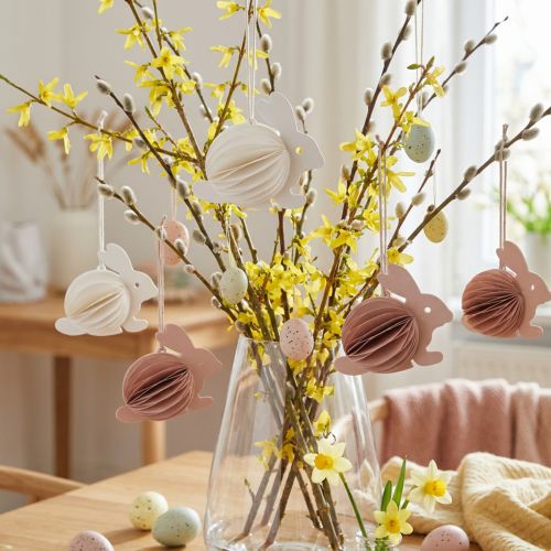 Suspensions Lapins de Pâques en Papier Nid d’Abeille Blanc et Orange H8cm - Lot de 5 | Floristik24.fr