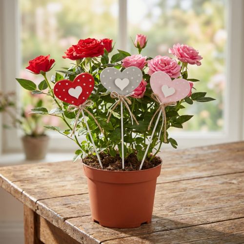 Cœurs en bois décoratifs à pois sur tiges, 6×5 cm, lot de 18 | Floristik24.fr