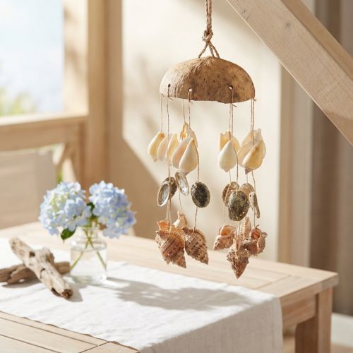 Carillon à vent décoratif en noix de coco et coquillages Ø12,5cm 48cm | Floristik24.fr