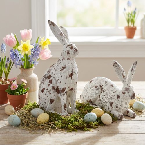 Duo de Lapins Décoratifs Vintage en Résine Blanc et Marron 14,5/24,5 cm | Floristik24.fr