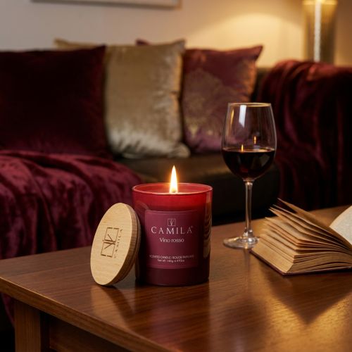 Article Bougie parfumée en verre avec couvercle en bois Camila Vino Rosso Ø7,5 cm H8 cm