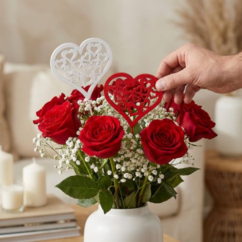 Lot de 12 piques cœur en bois rouge et blanc pour décoration florale | Floristik24.fr