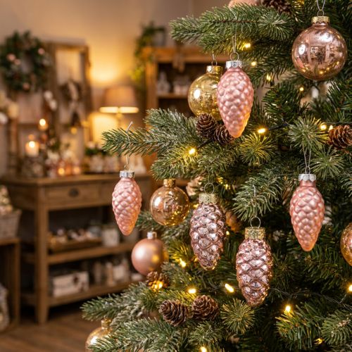 Ensemble de 14 décorations en forme de pomme de pin en verre rose 5 cm | Floristik24.fr