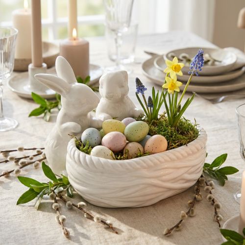 Coupe décorative avec lapins en céramique blanche pour Pâques – L15cm H11cm | Floristik24.fr