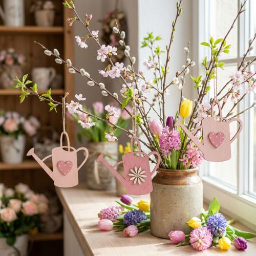 Décoration suspendue en bois arrosoirs roses 14x12cm - Lot de 6 | Floristik24.fr