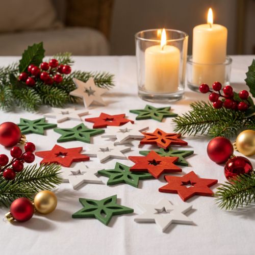 Étoiles décoratives en bois rouge, blanc et vert Ø 3,5 cm – Lot de 72 | Floristik24.fr