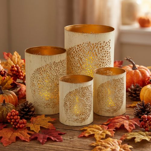 Lanterne en métal décorative automnale, crème et doré, lot de 3 | Floristik24.fr