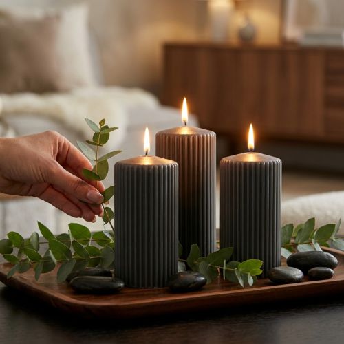 Bougies cylindriques anthracite à rainures - Lot de 4, 70x130mm, cire mixte, longues durées | Floristik24.fr