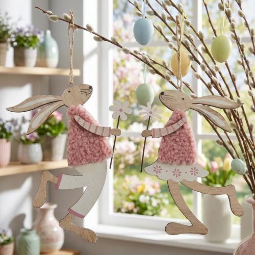 Décorations murales de Pâques en bois – Lapins roses à suspendre, set de 4 | Floristik24.fr