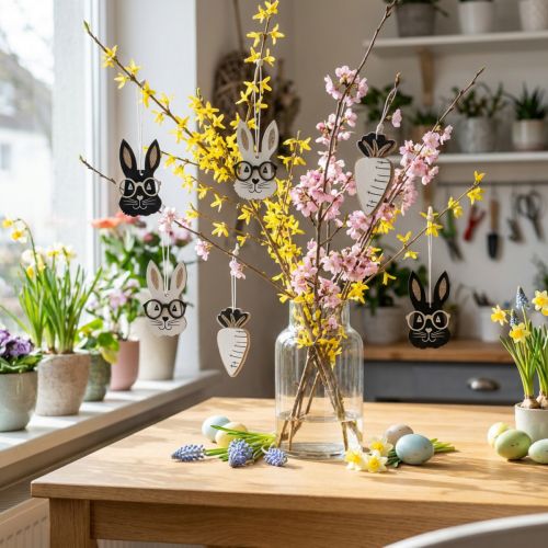 Suspensions décoratives en bois Lapins et Carottes avec paillettes dorées – 9 pièces | Floristik24.fr