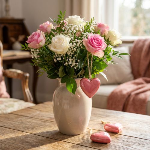 Cœurs décoratifs en bois rose brillant avec cordelette, 6 cm, lot de 8 | Floristik24.fr
