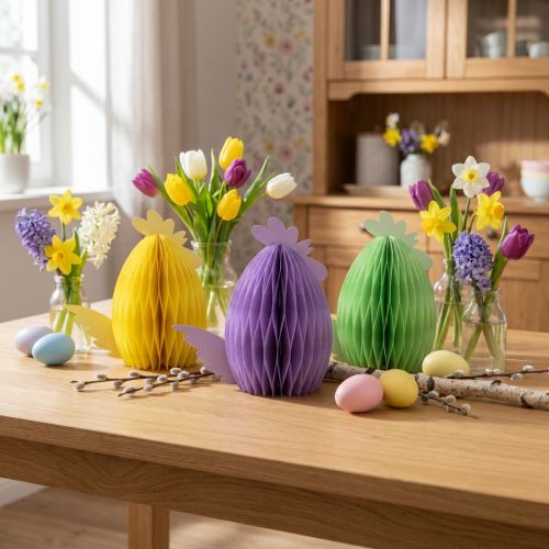 Décorations Poules en Papier Nid d'Abeille Jaune Vert Violet 18,5x12x20cm Lot de 3 | Floristik24.fr