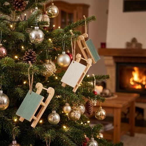 Décoration 6 petits traîneaux en bois à suspendre, menthe et blanc, 9,5 cm | Floristik24.fr