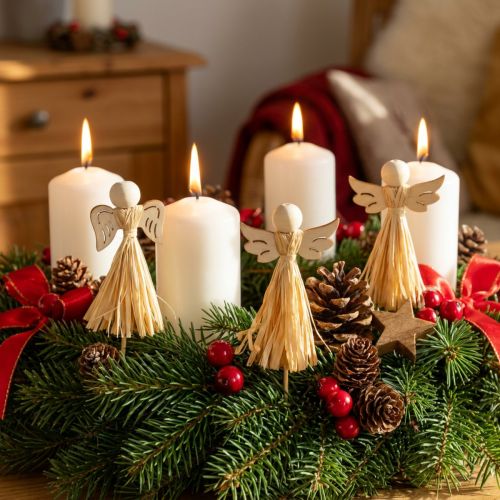 Décoration de Noël – Ange en bois et fibre végétale sur tige, 5 × 11 cm, lot de 12 | Floristik24.fr