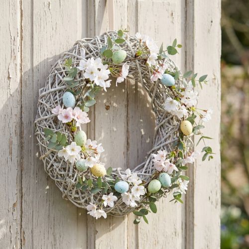 Couronne décorative en bois et rotin blanc naturel Ø40cm H9,5cm | Floristik24.fr