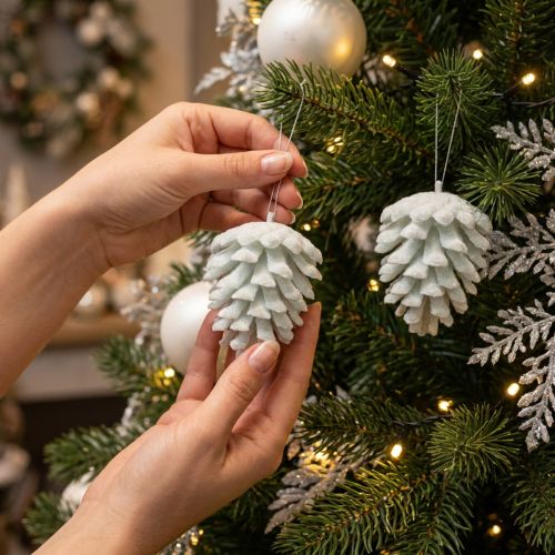 Article Décorations pommes de pin blanches à suspendre avec paillettes, 7 cm, lot de 6