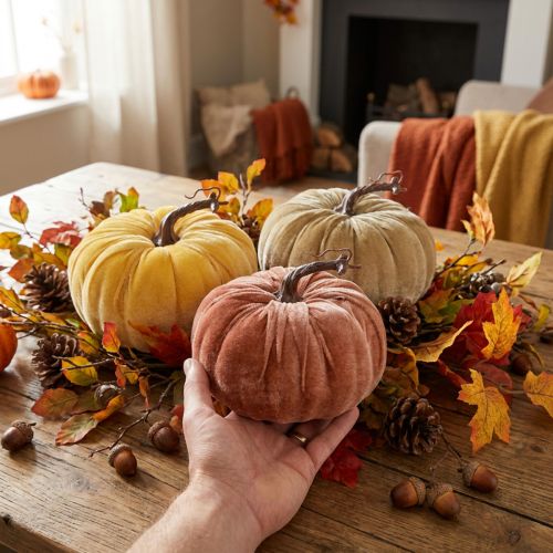 Lot de 3 citrouilles décoratives en velours jaune, beige et brun rouille Ø18cm | Floristik24.fr