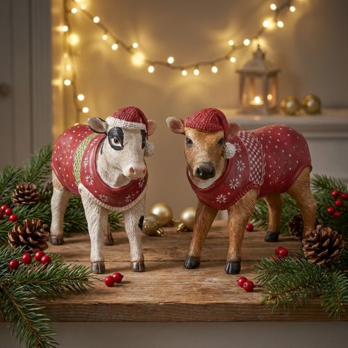 Figurines décoratives vaches de Noël avec bonnet rouge et pull, lot de 2, 15,5 cm | Floristik24.fr
