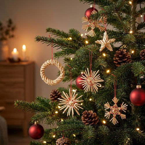 Étoiles de Noël en Paille Naturelle et Rouge Ø4-6 cm - Lot de 17 | Floristik24.fr