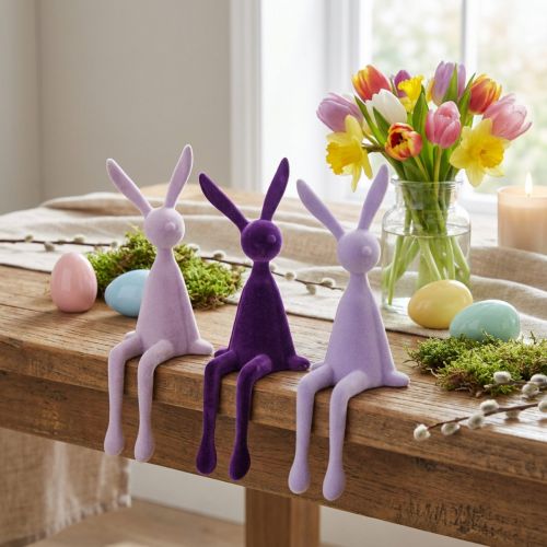 Figurines lapins décoratifs violet et lilas en velours - Lot de 3 | Floristik24.fr