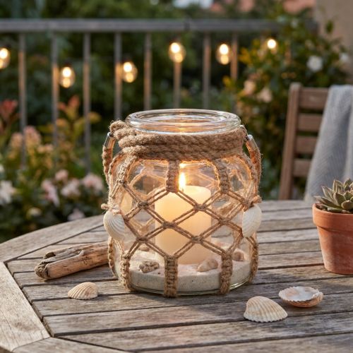 Deko en verre avec filet macramé et coquillages Ø14 cm | Floristik24.fr