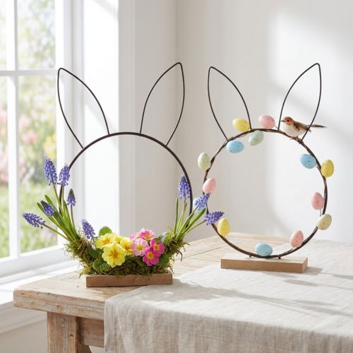 Anneau décoratif en métal motif lapin noir sur socle en bois Ø20 cm (lot de 2) | Floristik24.fr