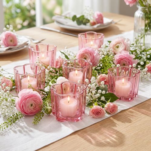 Porte-bougies chauffe-plat en forme de fleur, verre rose, Ø 7,5 cm x H 6 cm, lot de 6 | Floristik24.fr